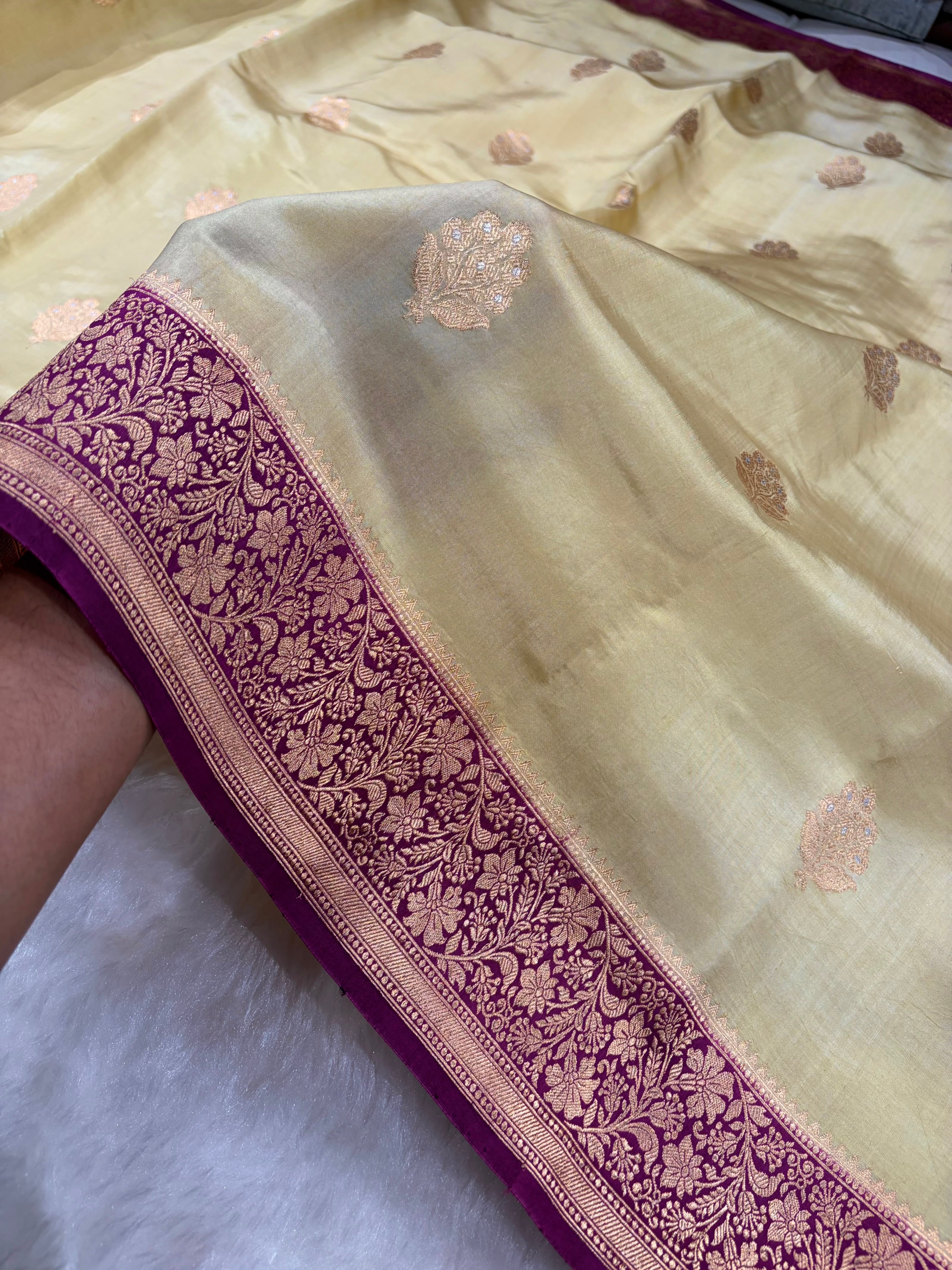 Banarasi Tusser With Purple Contrast Shades Meenakari Boots Handwoven Pure Paper Silk Saree RM-90