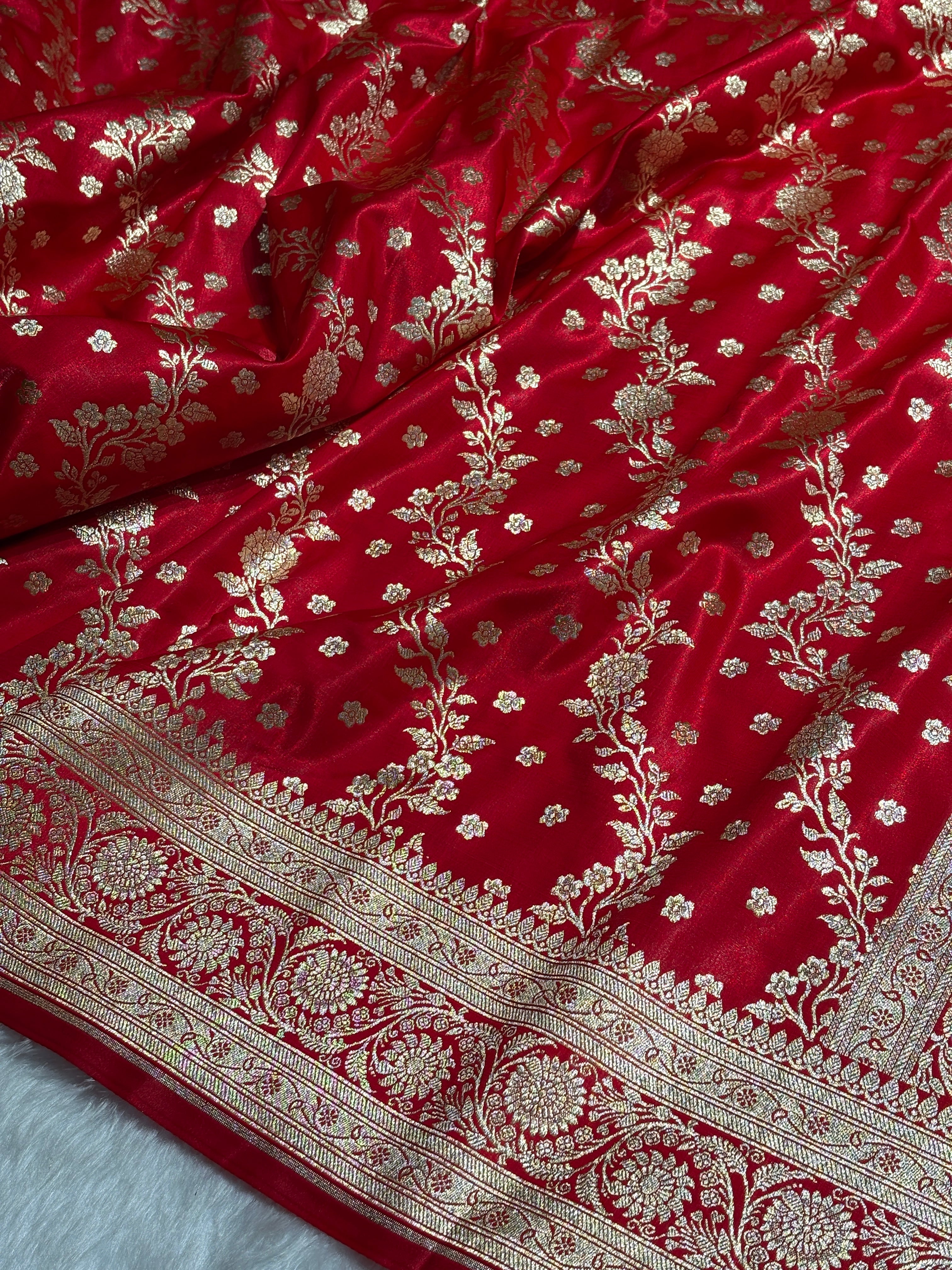 Satin Silk Saree Cross with Booti in Ruby Red Shades SS24