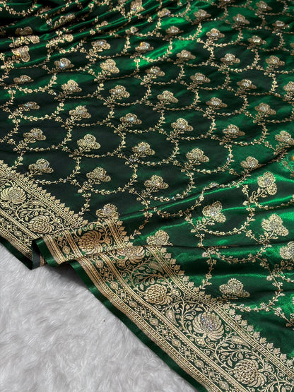 Satin Silk Saree Banarasi Swarovski Work Jaal in Bottle Green Shades BSS23 (R)