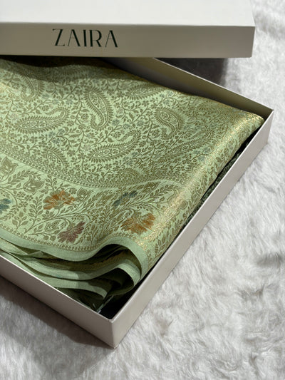 Banarasi Sage Green Shade Flower Minakari Brocade Pure Caramel Mango Silk Saree CS-20