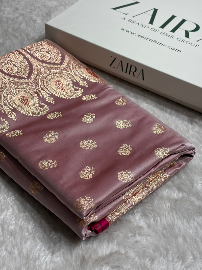 Floral boota Satin katan Silk Saree In Rose Pink Shades SK12