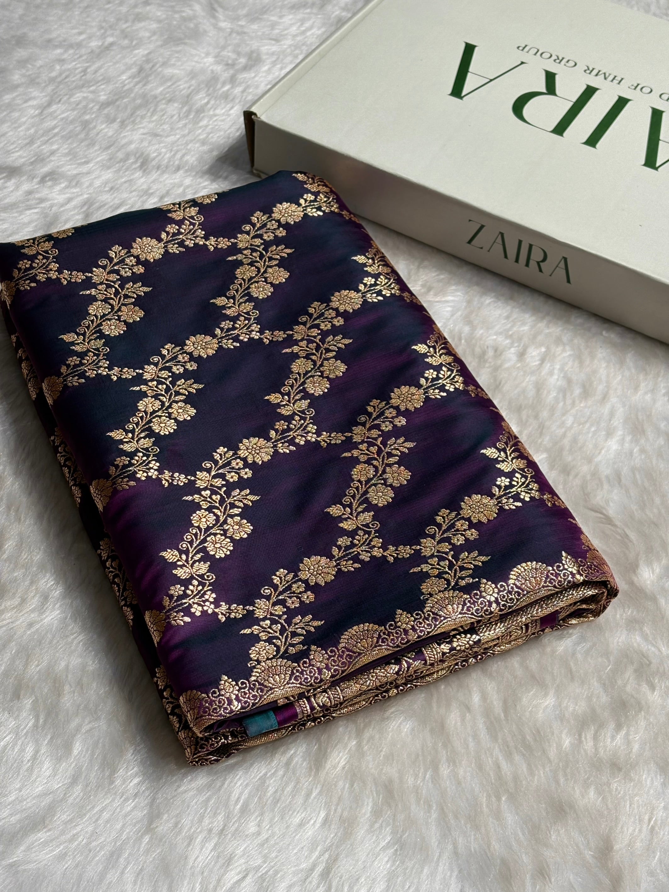 Purple Floral Jaal Pattern Satin Katan Silk Saree SK43