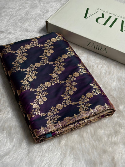 Purple Floral Jaal Pattern Satin Katan Silk Saree SK43