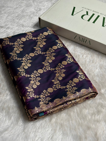Purple Floral Jaal Pattern Satin Katan Silk Saree SK43