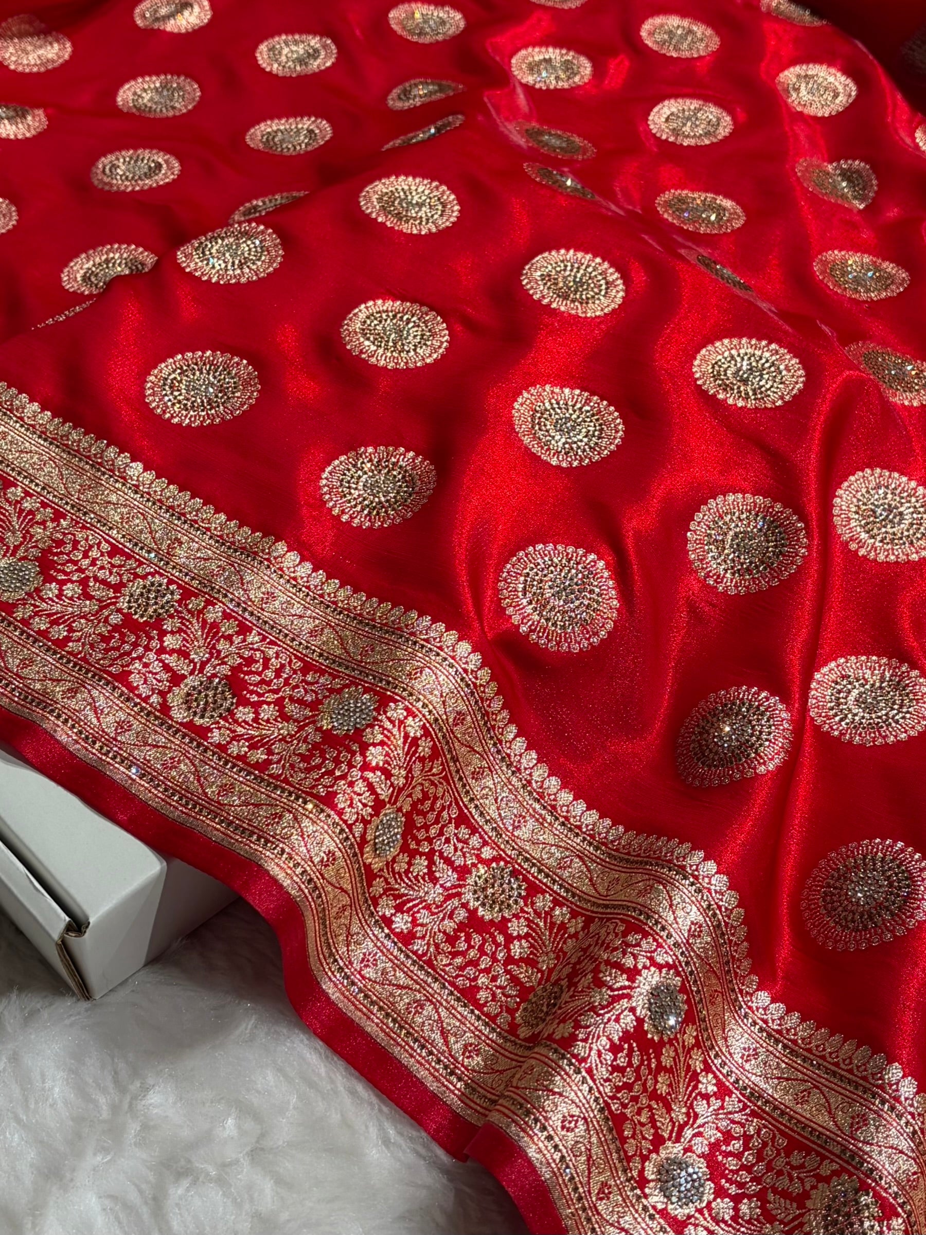 Red Shades Banarasi With Swarovski Stone Work Satin Silk Saree BSS33