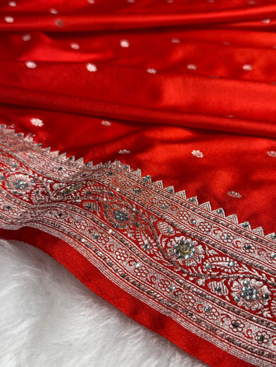 Bridal Rusty Orange Booti Mashru Silk Saree with Ari and Stone Work