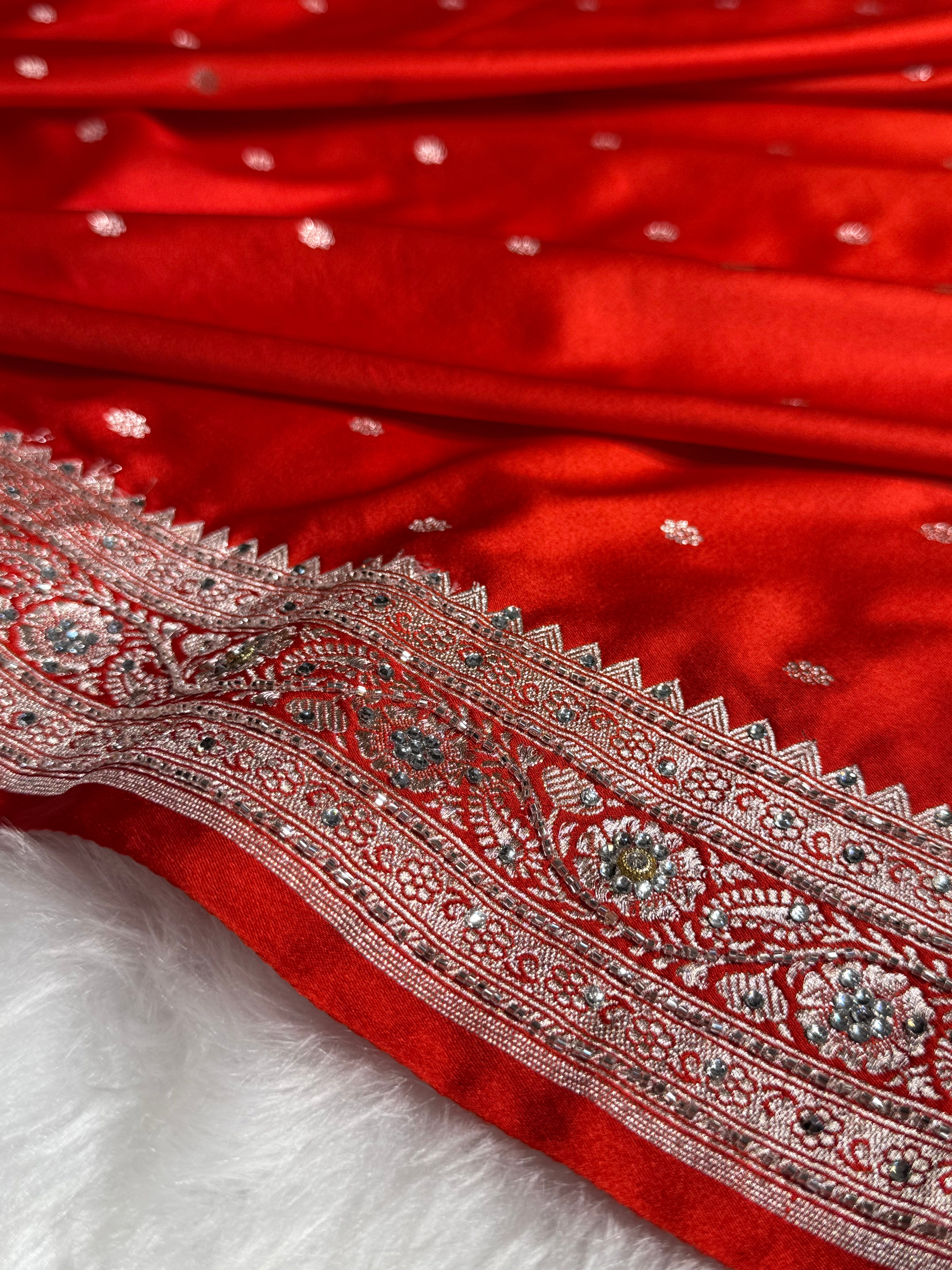 Bridal Rusty Orange Booti Mashru Silk Saree with Ari and Stone Work