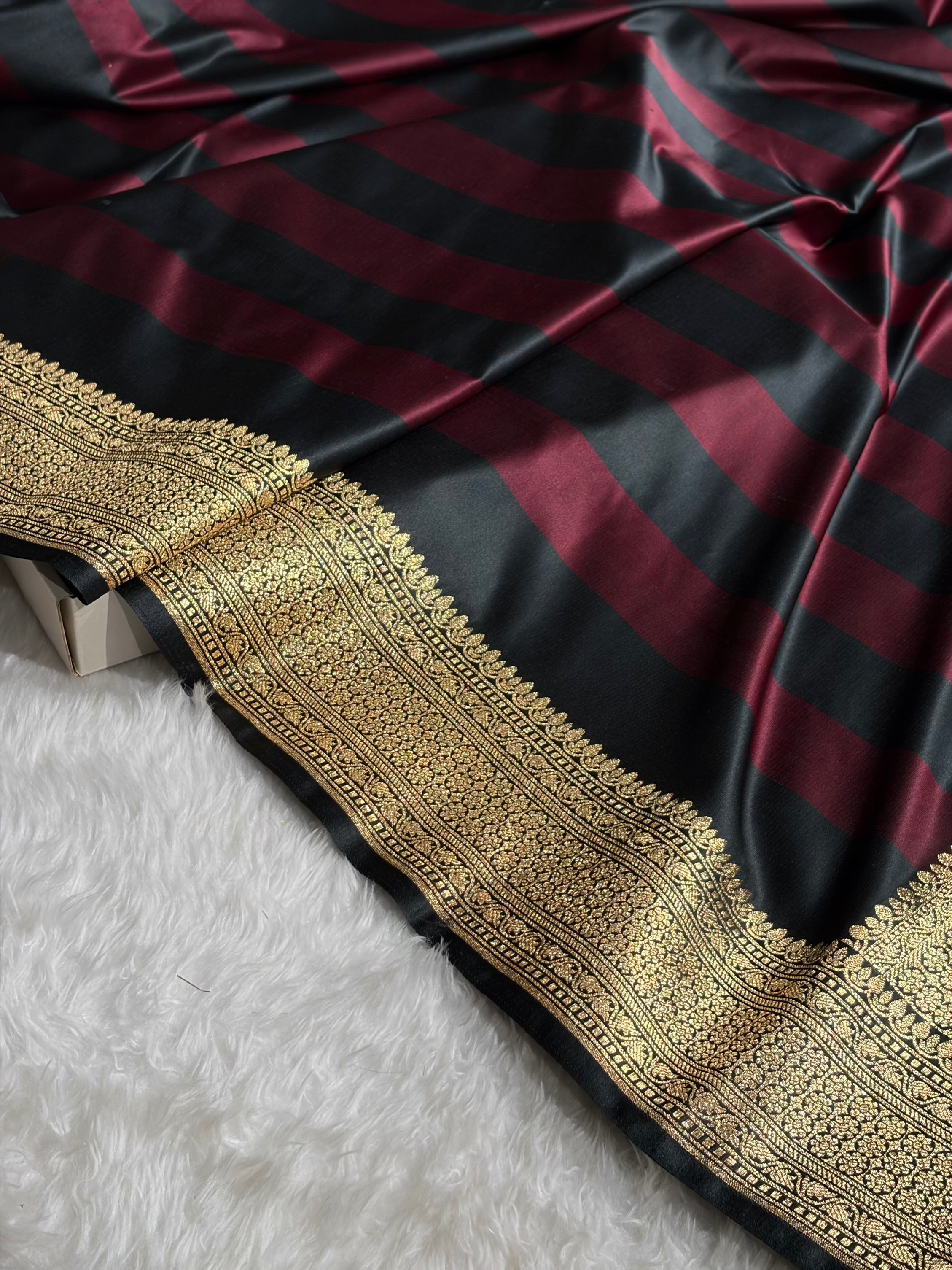 Dark Garnet With Black Horizontal Strips Floral Border & Brocade Blouse Mashru Silk Saree MSM-84