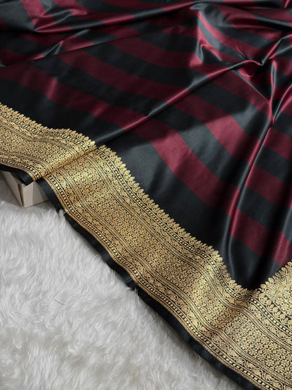 Dark Garnet With Black Horizontal Strips Floral Border & Brocade Blouse Mashru Silk Saree MSM-84