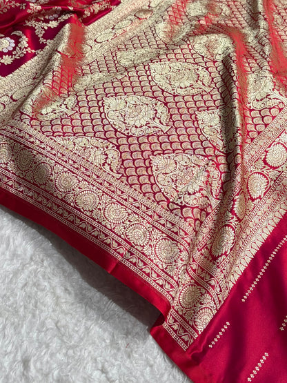 Banarasi Satin Katan Saree With Minakari Jaal Pattern in Cross Red Shades SK126