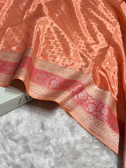 Peach Shades With Contrast Border Crepe Silky Katan Banarasi Saree CSK-02