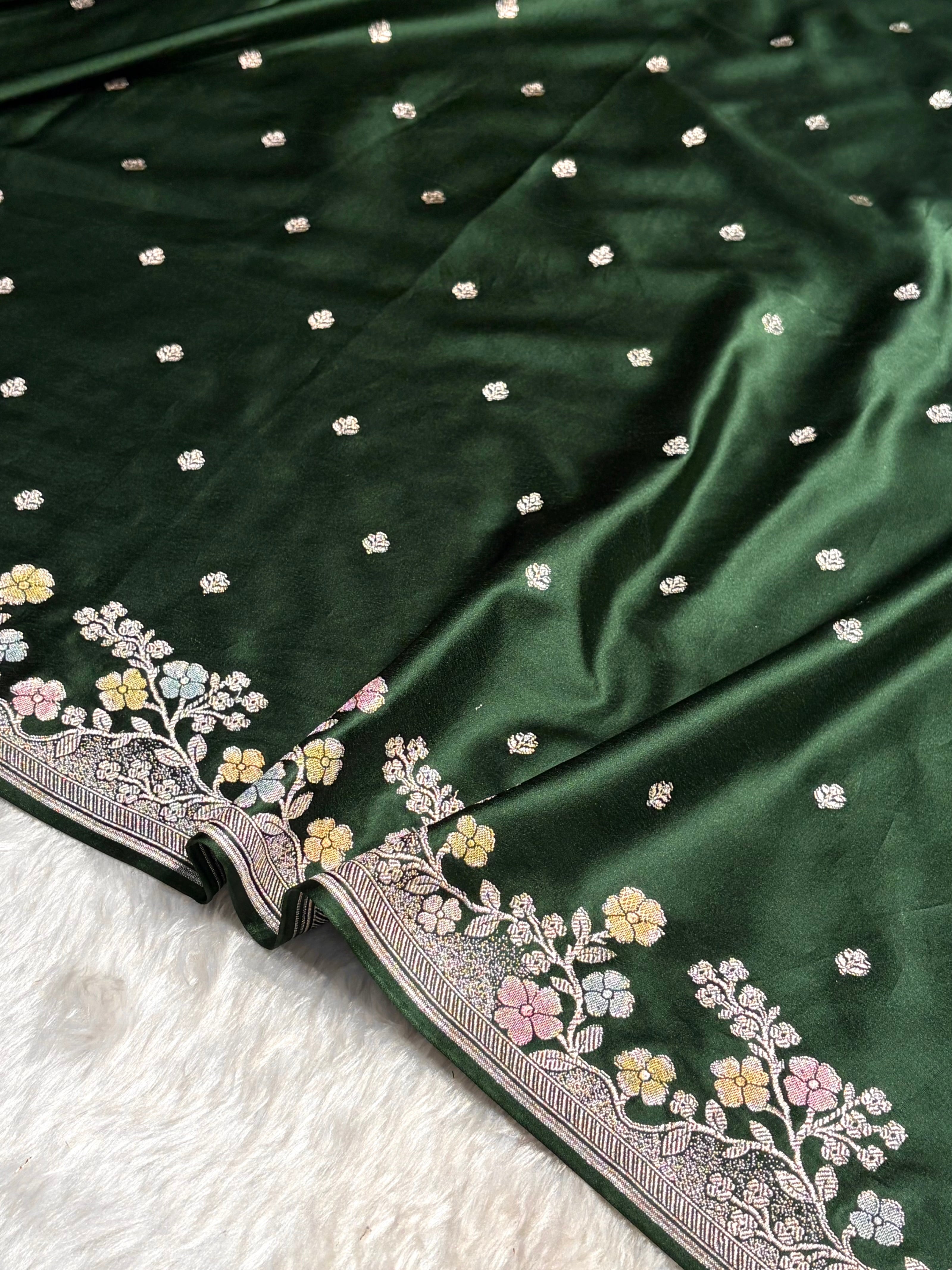 Bottle Green Shades Minakari Floral Border Booti Mashru Silk Saree MS75
