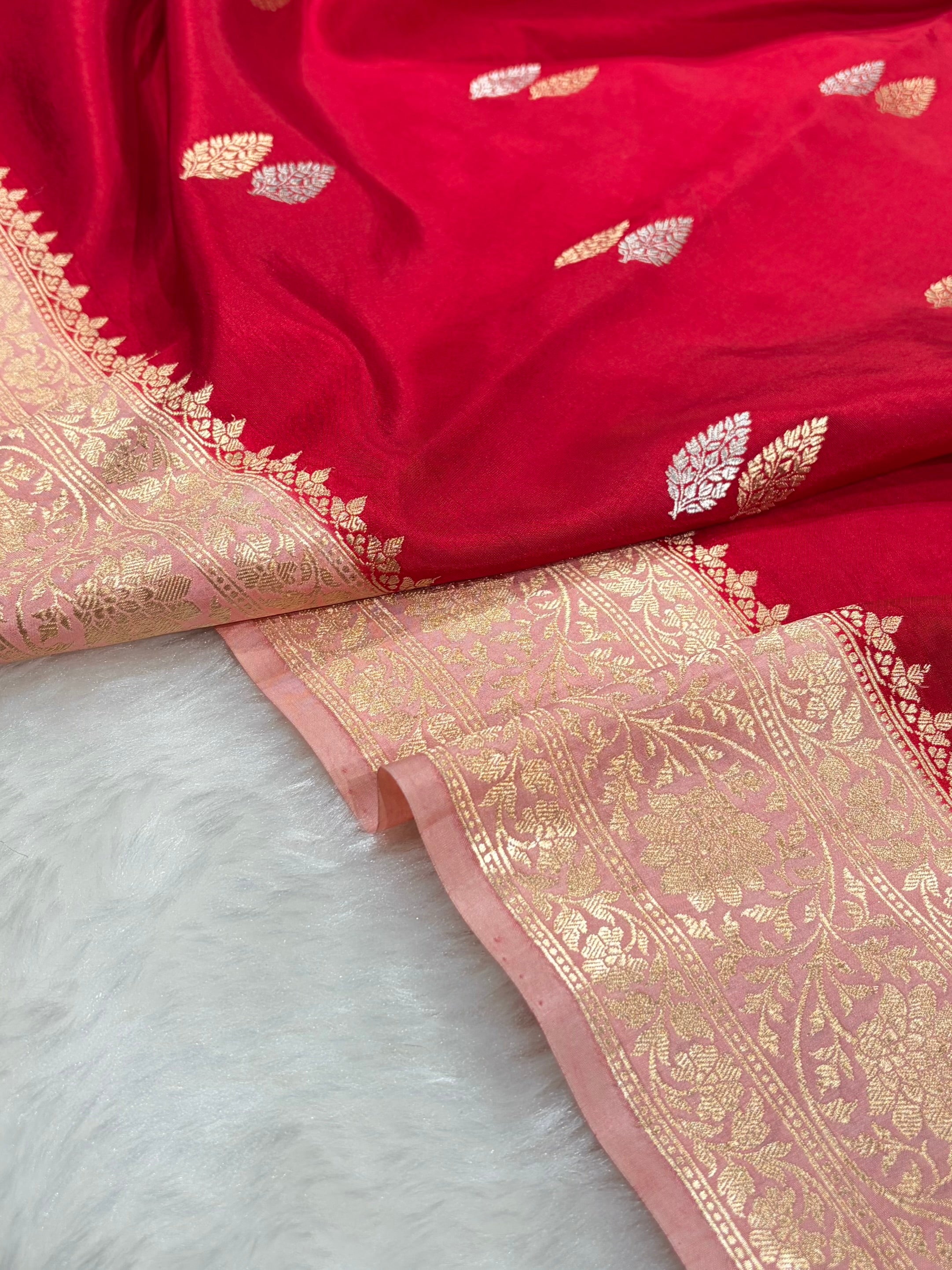 Banarasi Maroon With Peach Contrast Shades Boota Handwoven Pure Katan Paper Silk RM-76