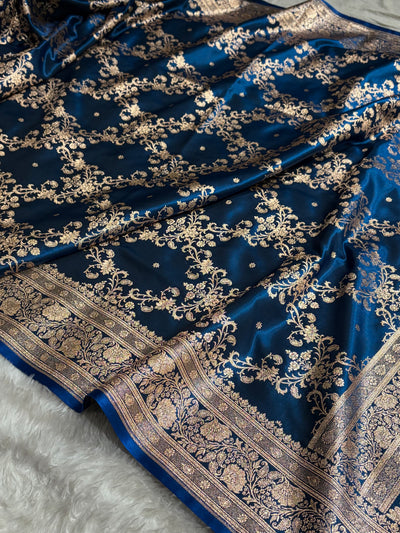 German Blue Shades Jaal Pattern Banarasi Satin Silk Saree SS48