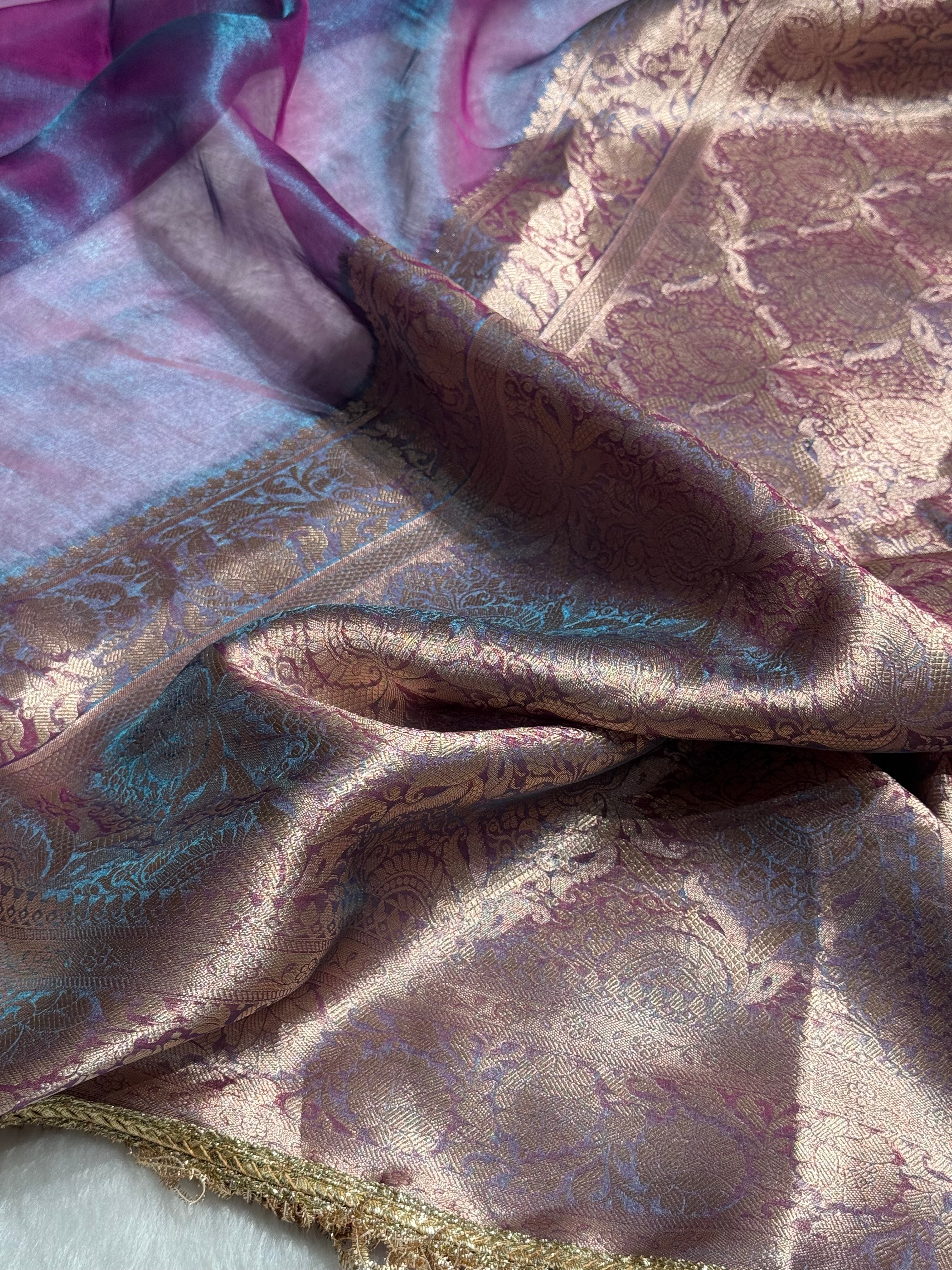 Cross Purple Shade Pure Tissue Silk Saree with Brocade Blouse And Gotta Patti PT-18