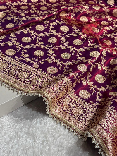 Banarasi Reddish Purple Satin Silk Saree with Gota Patti SSGP15