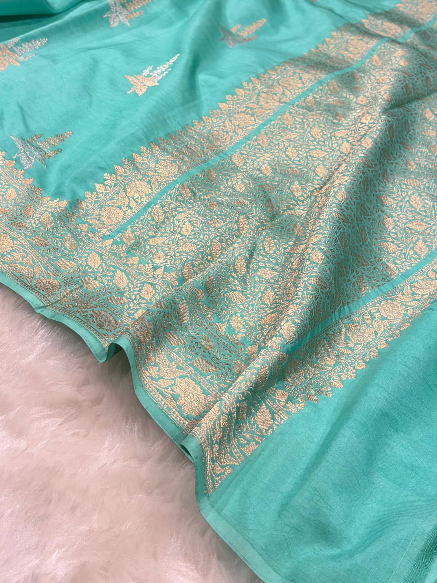 Sea Green Shades Meena Boota Handwoven Pure Katan Paper Silk RM-36