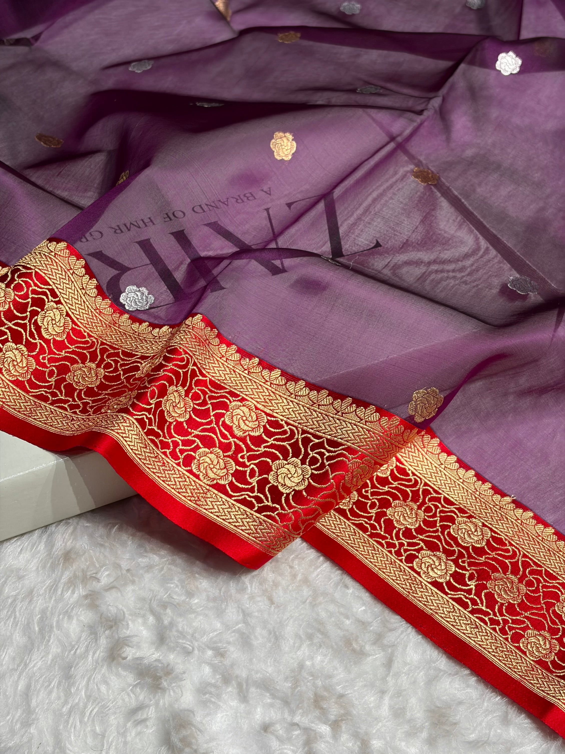 Contrast Pure Banarasi Organza Wine With Red Floral Banarasi Silk Saree PO-10