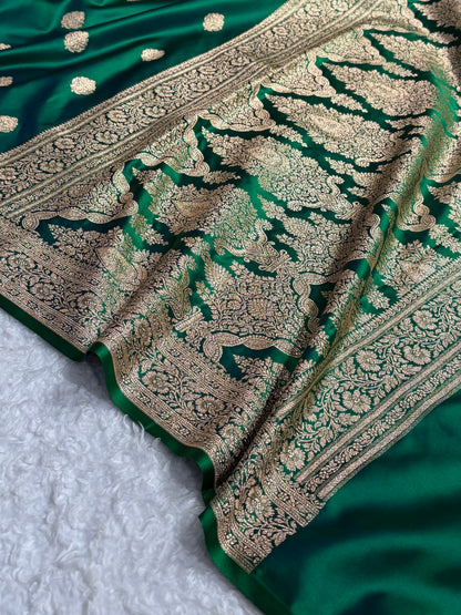Cross Green Treditional Banarasi Booti Pattern Satin Katan Silk Saree SK65