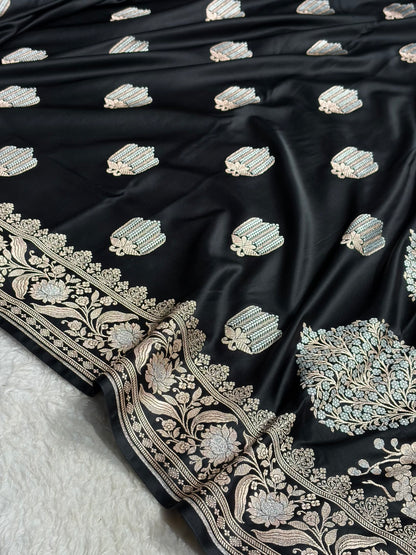 Black Shades Banarasi Boota Pattern Minakari Floral Mashru Silk Saree MSM-122