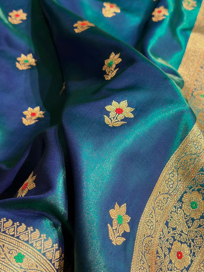 Peacock Shades Minakari Boota Pattern Banarasi Satin Silk Saree SS44