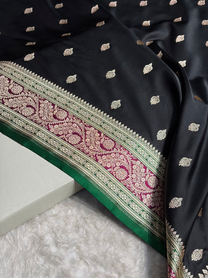 Banarasi Black With Contrast Wine Floral Border Mashru Silk Saree MSM-101
