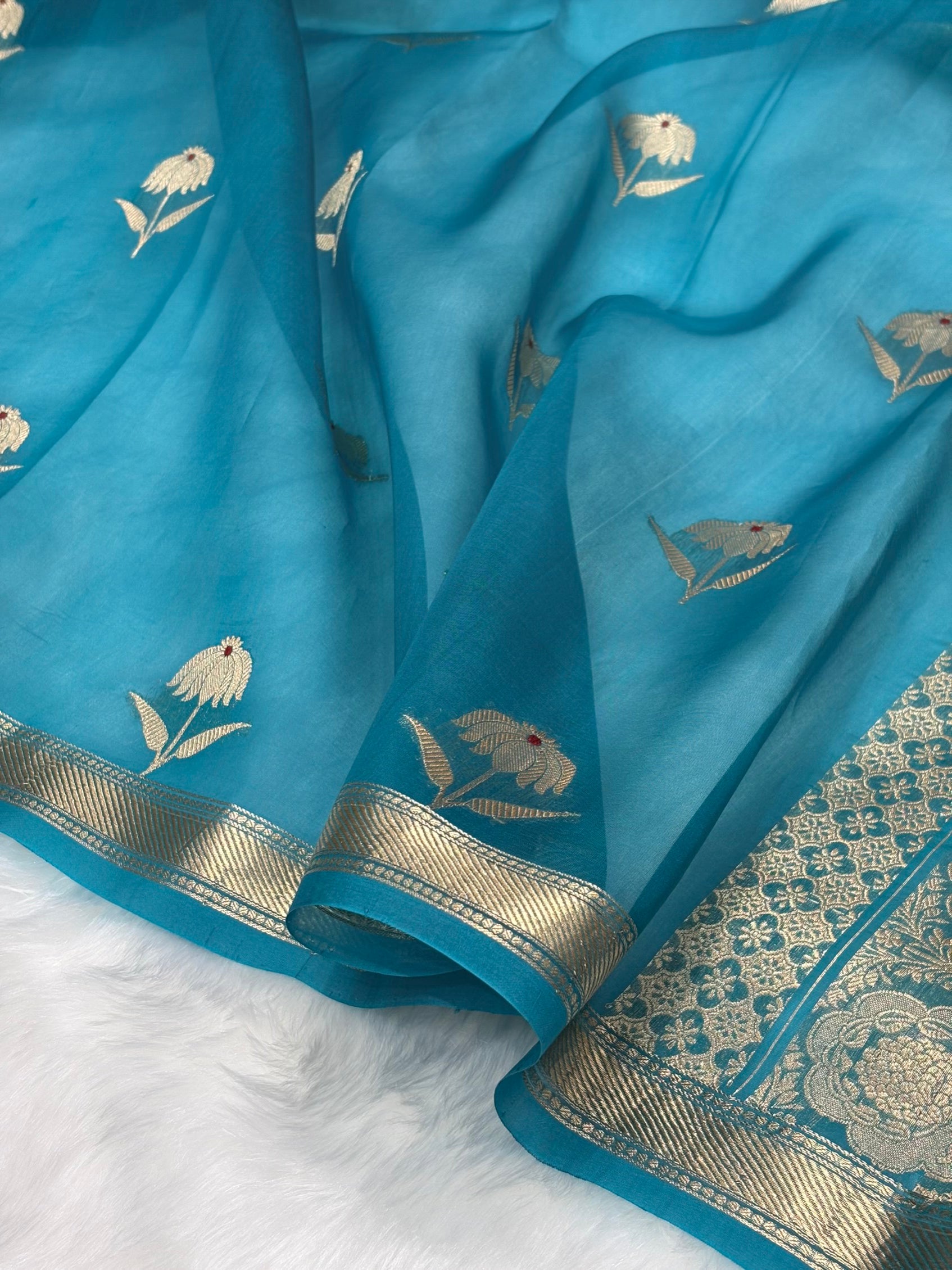 Pure Organza German Blue Meena Floral Banarasi Silk Saree PO-02