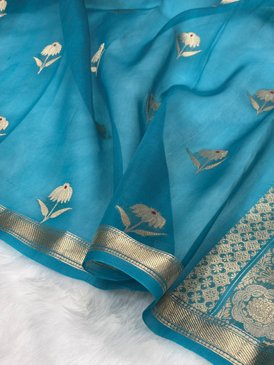 Pure Organza German Blue Meena Floral Banarasi Silk Saree PO-02