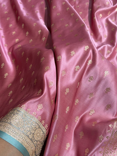Contrast Baby Pink / Turquoise Floral Booti Banarasi Satin Katan Silk Saree SK16