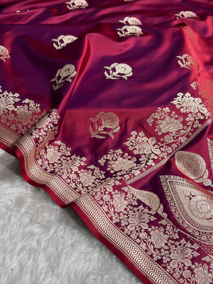 Reddish Magenta Shades Banarasi With Floral Border Mashru Silk Saree MSM-113