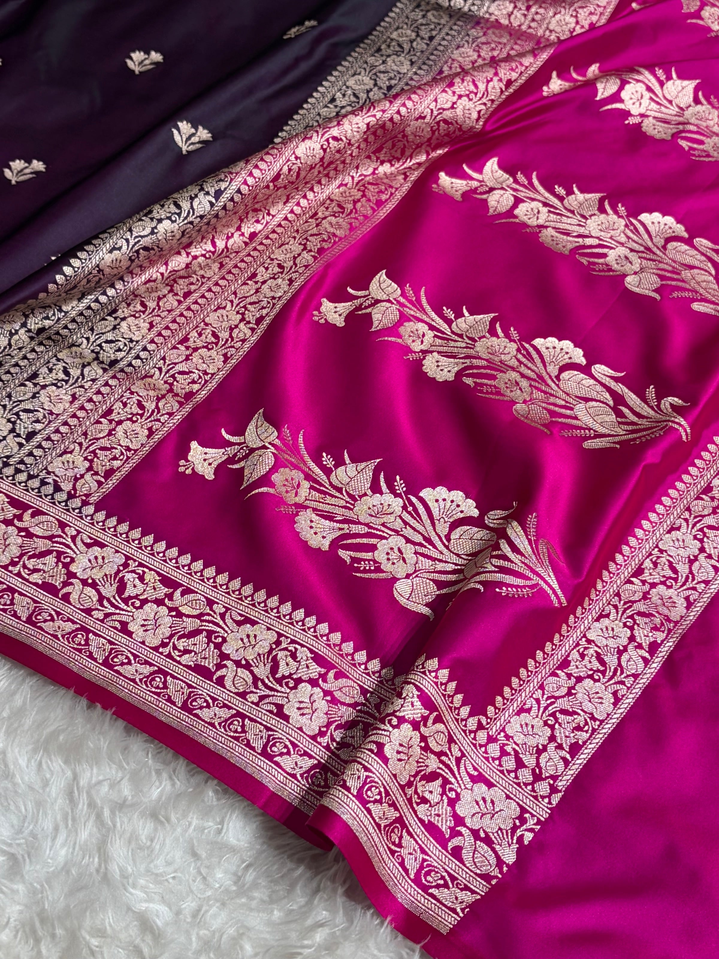 Contrast Wine / Olive Gold Shades Banarasi Booti Pattern Mashru Silk Saree MSM-138