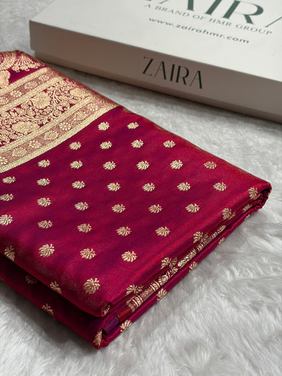 Magentic Red Shades Booti Pattern Banarasi Satin Silk Saree SS54