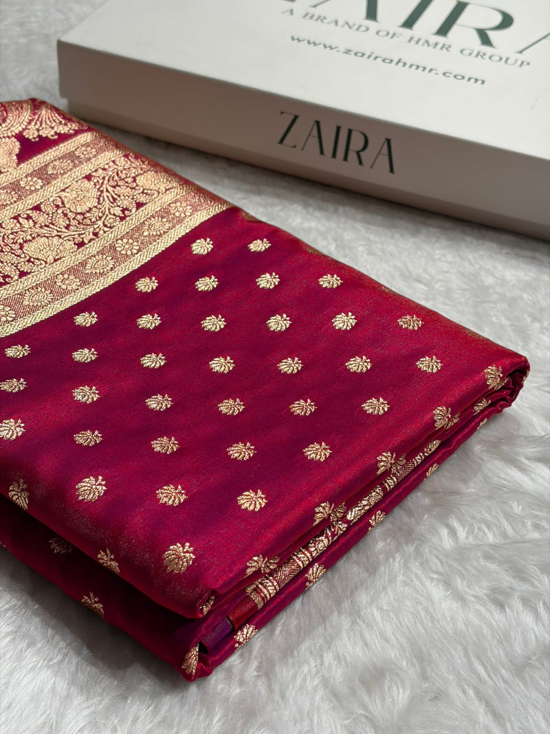 Magentic Red Shades Booti Pattern Banarasi Satin Silk Saree SS54