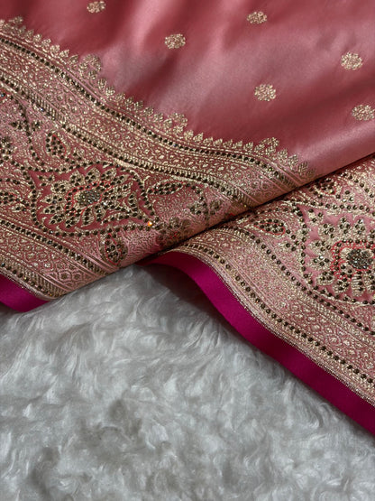 Baby Pink Booti With Swarovski Work Satin katan Silk Saree BSK11