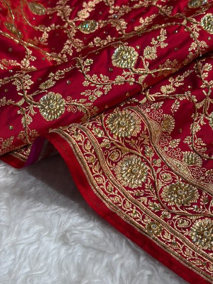 Magentic Red Shades Jaal Floral Pattern With Zardozi And Swarovski Stone Work Satin Katan Silk Saree BSK80