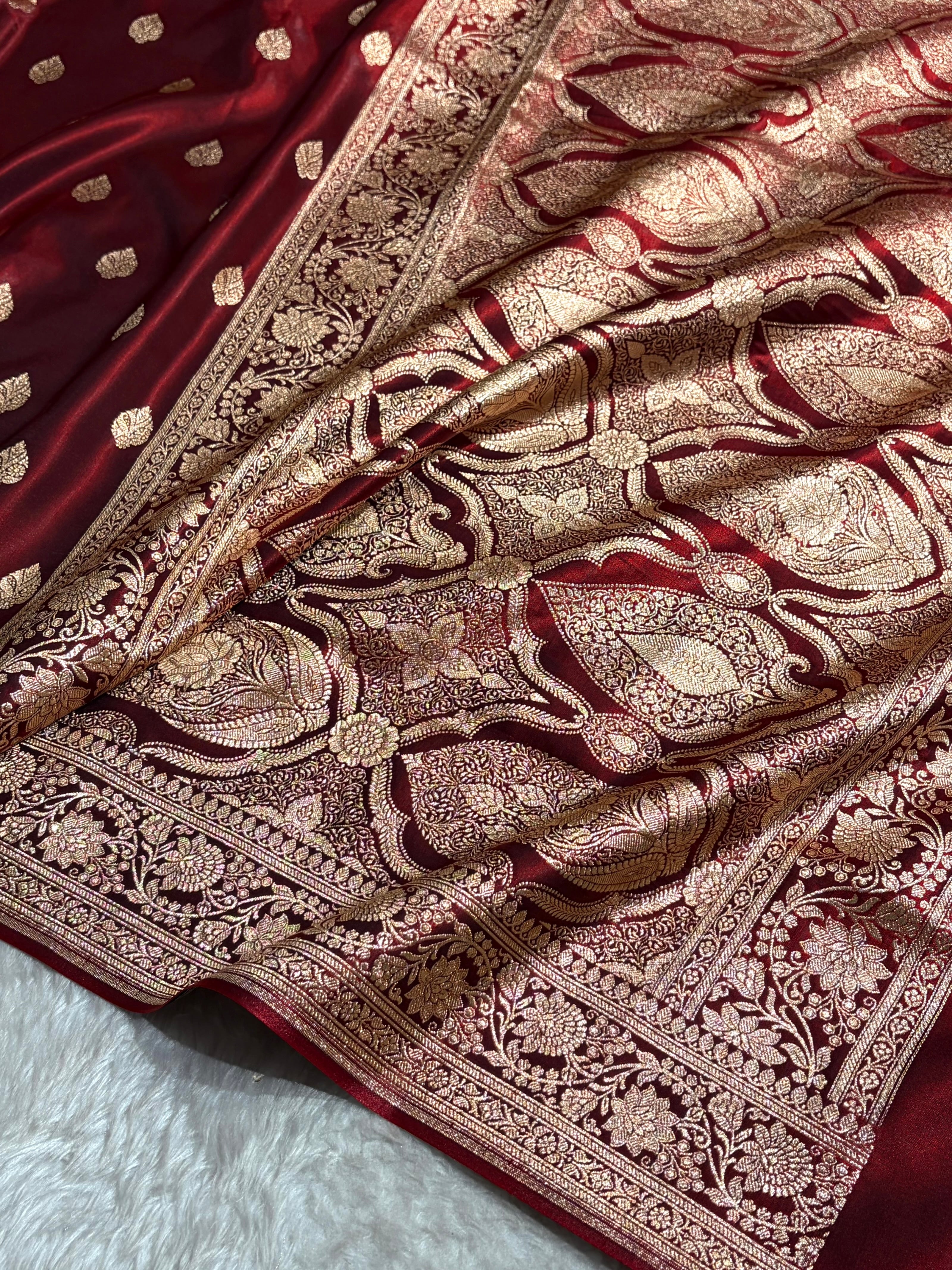 Maroon Shades Booti Pattern Banarasi Satin Silk Saree SS58