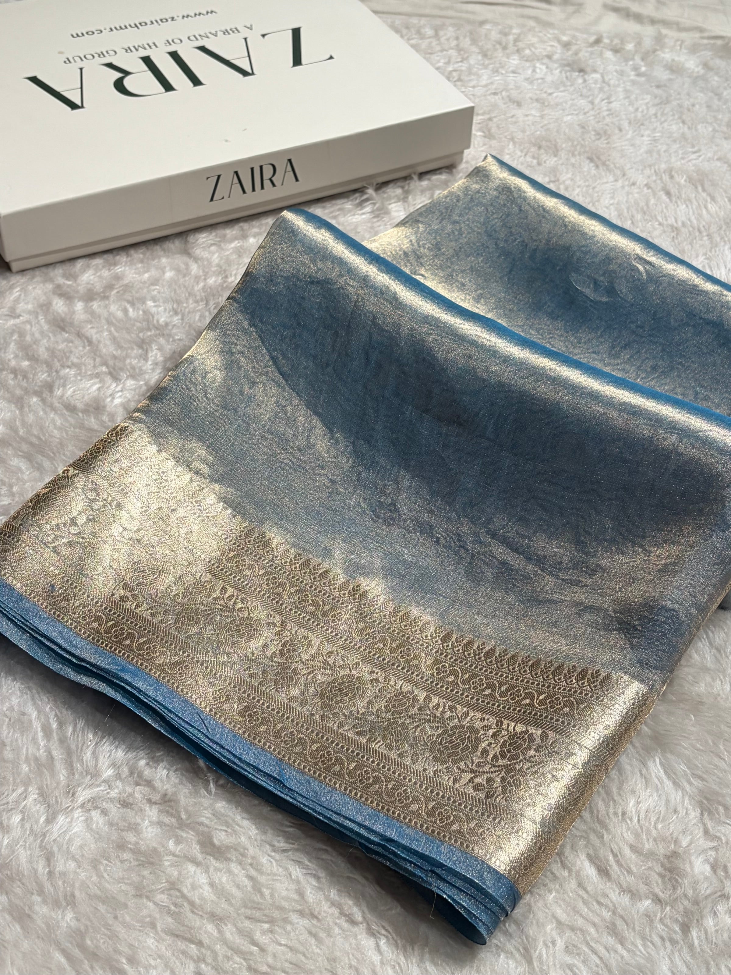 Pastel Blue Shades Pure Tissue Silk Saree with Brocade Blouse PT-08