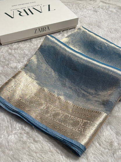 Pastel Blue Shades Pure Tissue Silk Saree with Brocade Blouse PT-08