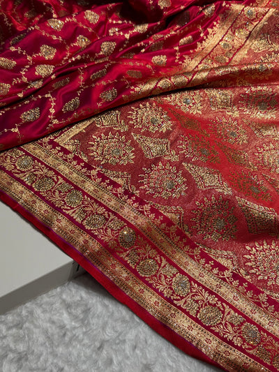 Cross Red Floral Jaal Pattern Satin Katan Silk saree BSK42