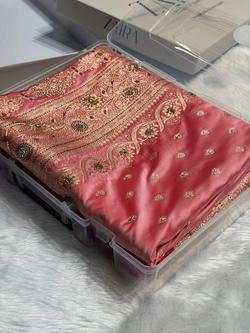 Banarasi Satin Katan Silk Saree With Ari Zardozi And Swarovski Work In Baby Pink Shades BSK08