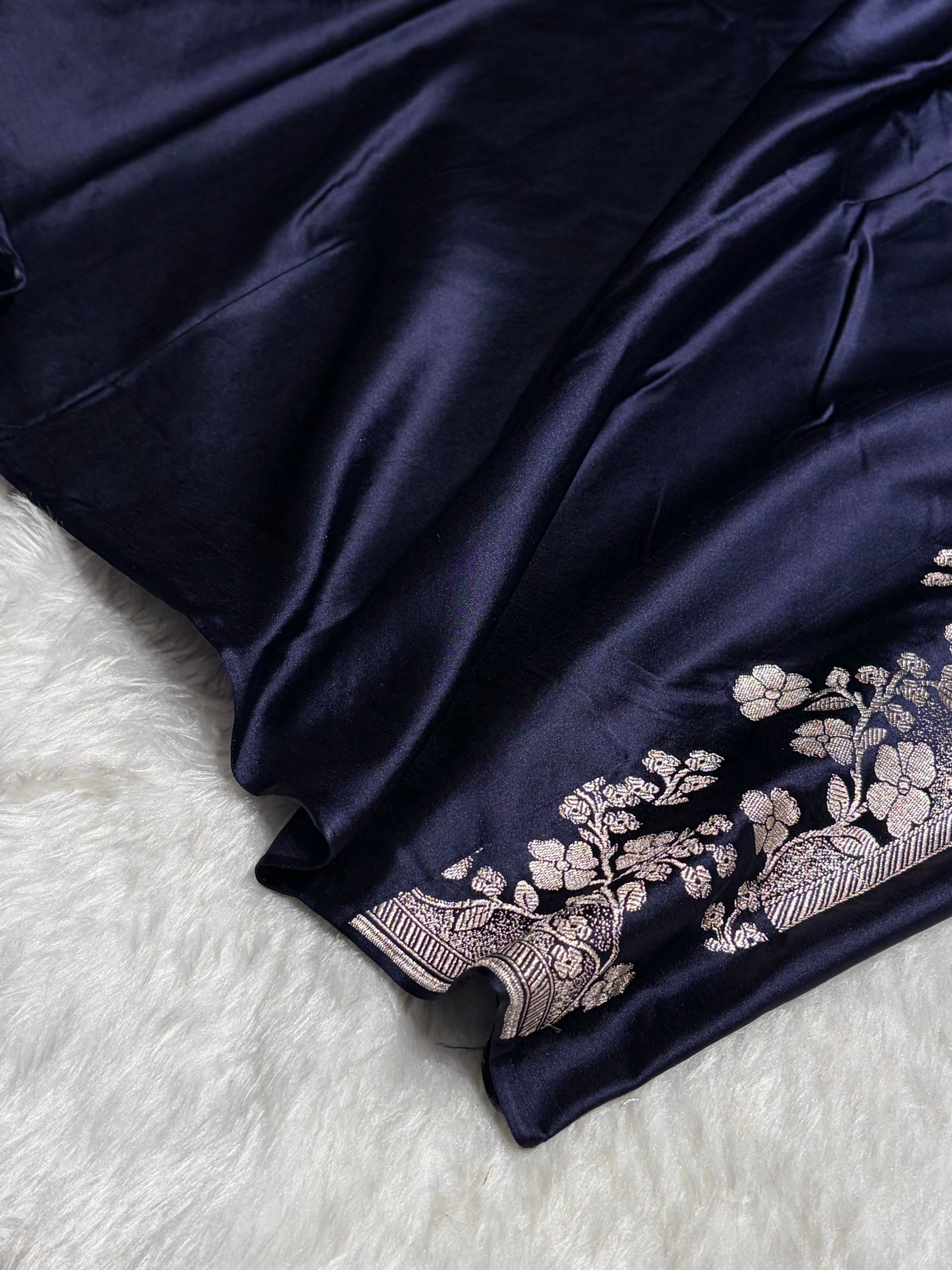 Navy Blue Shades Floral Border Booti Mashru Silk Saree MS75