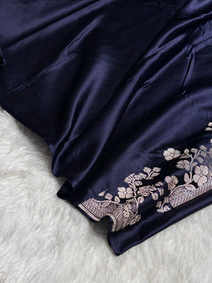 Navy Blue Shades Floral Border Booti Mashru Silk Saree MS75