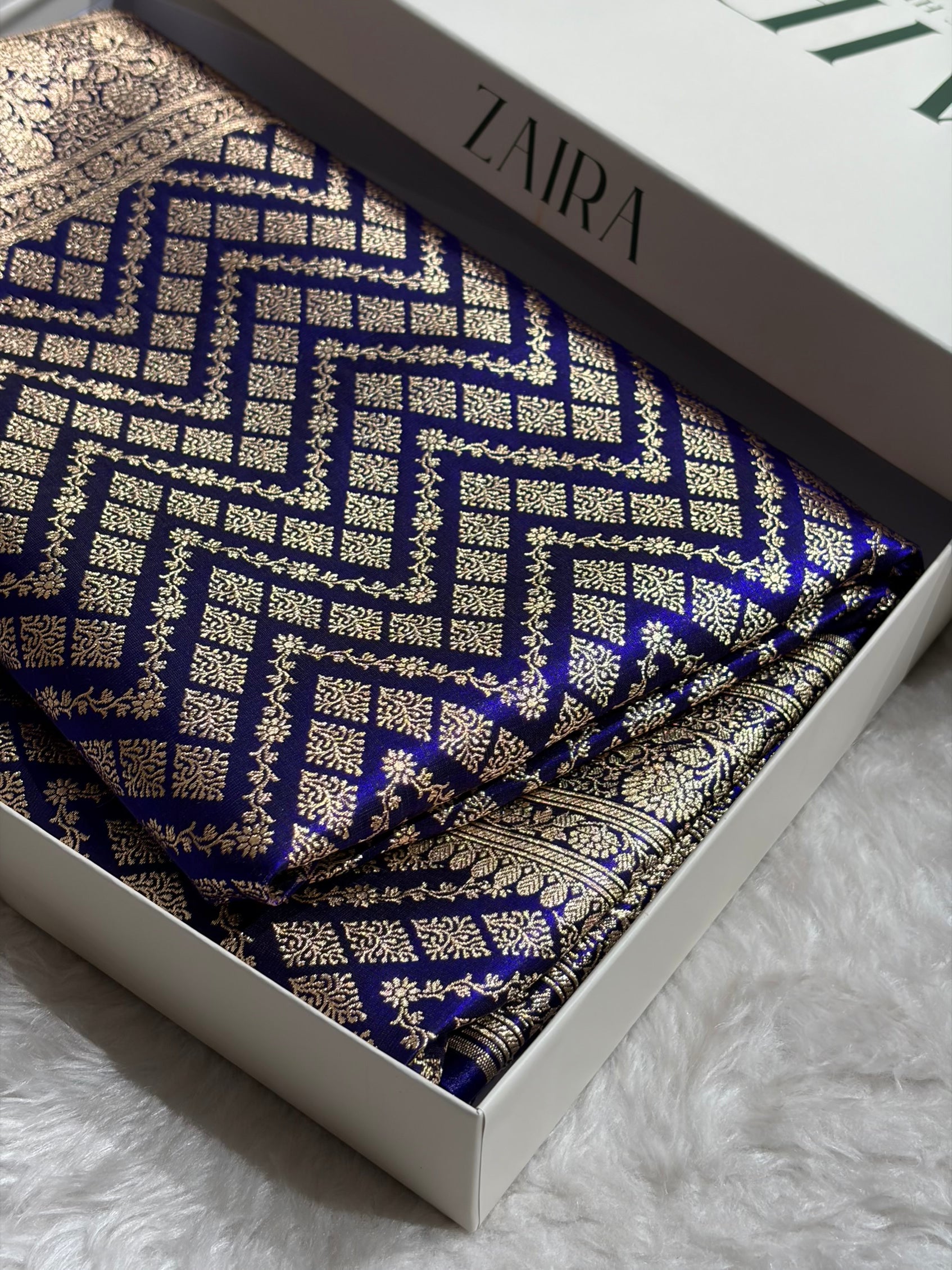 Royal Blue Shades Jaal Pattern Banarasi Satin Silk Saree SS56