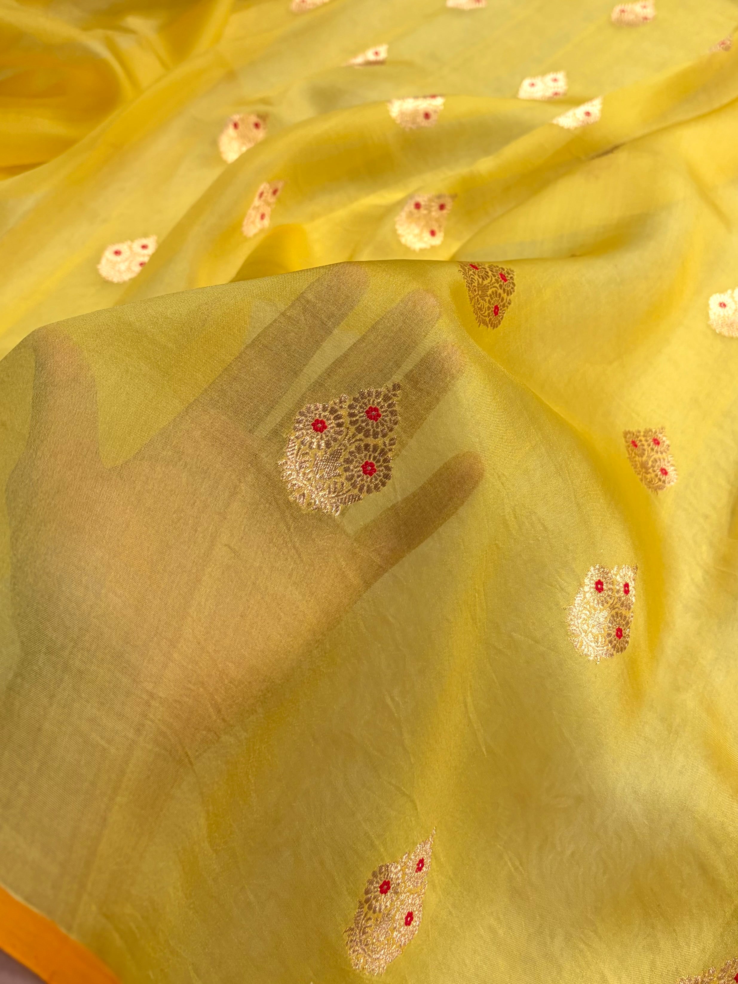 Pure Banarasi Organza Yellow Shades With Minakari Floral Banarasi Silk Saree PO-30