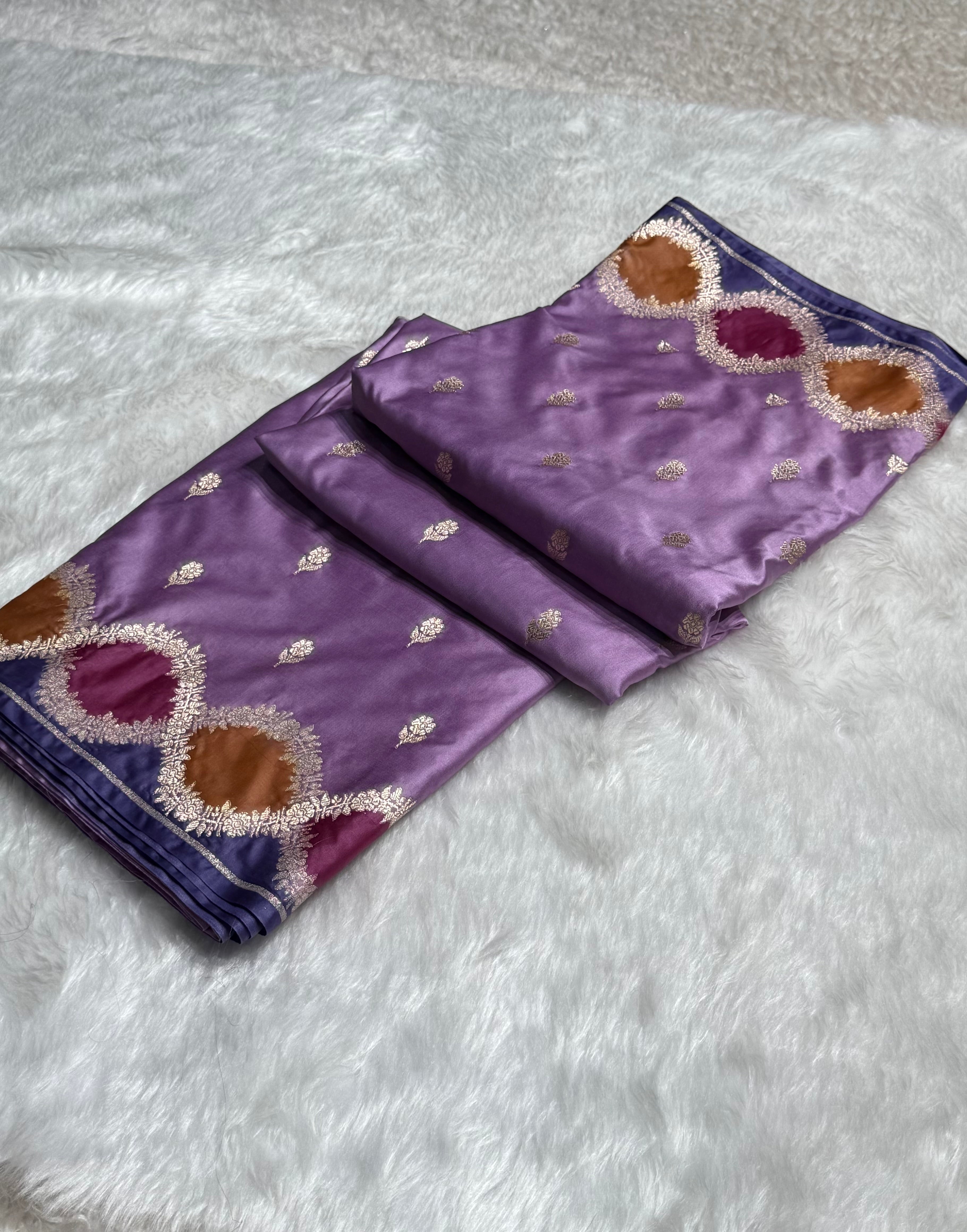 Lavender Rangkart Scallop Floral Booti Mashru Silk Saree