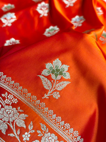 Premium Banarasi Satin Katan Saree With Minakari Boota in Cross Orange Shades SK112