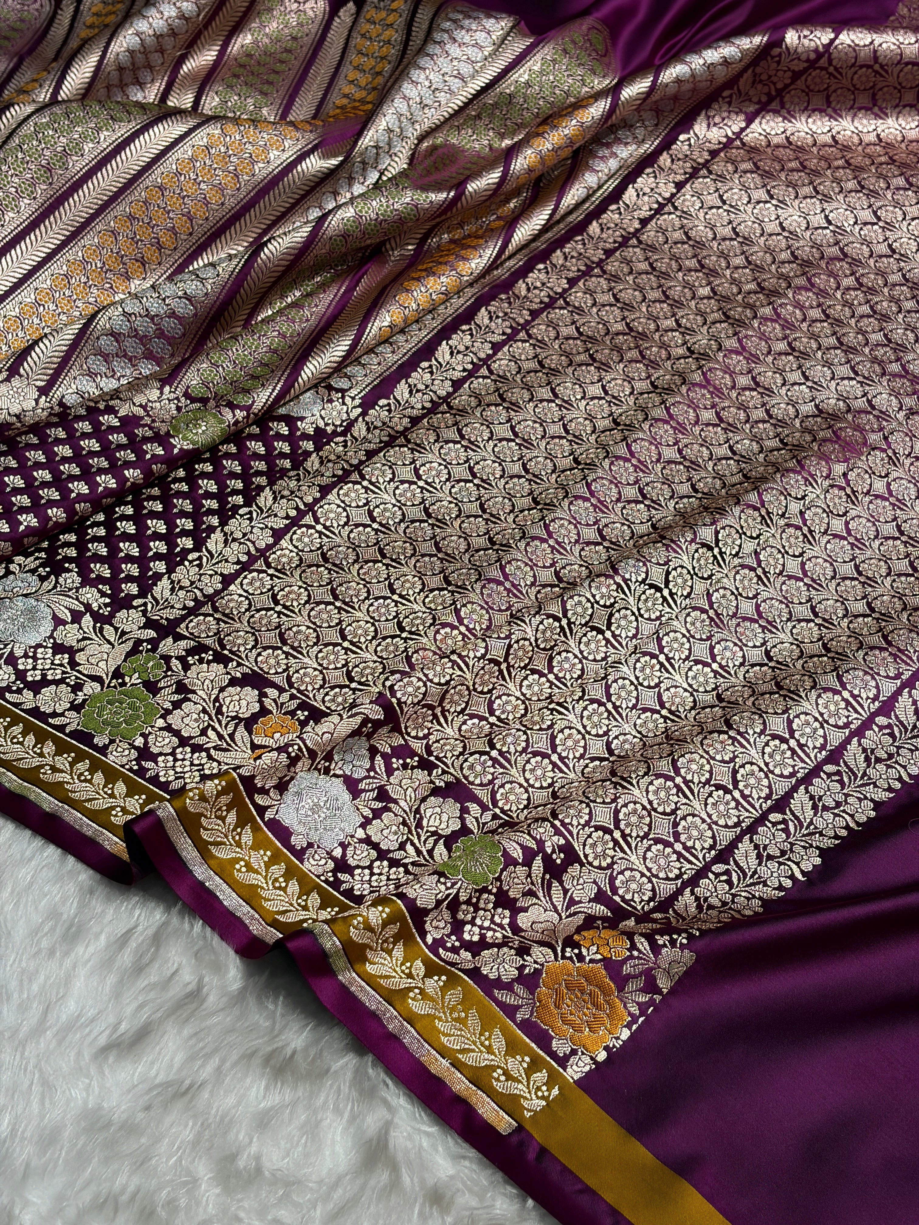 Banarasi Wine Shades Floral Minakari Skirt Border Mashru Silk Saree MSM-83