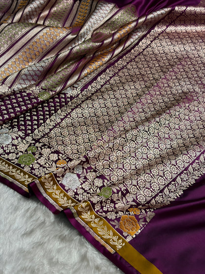 Banarasi Wine Shades Floral Minakari Skirt Border Mashru Silk Saree MSM-83