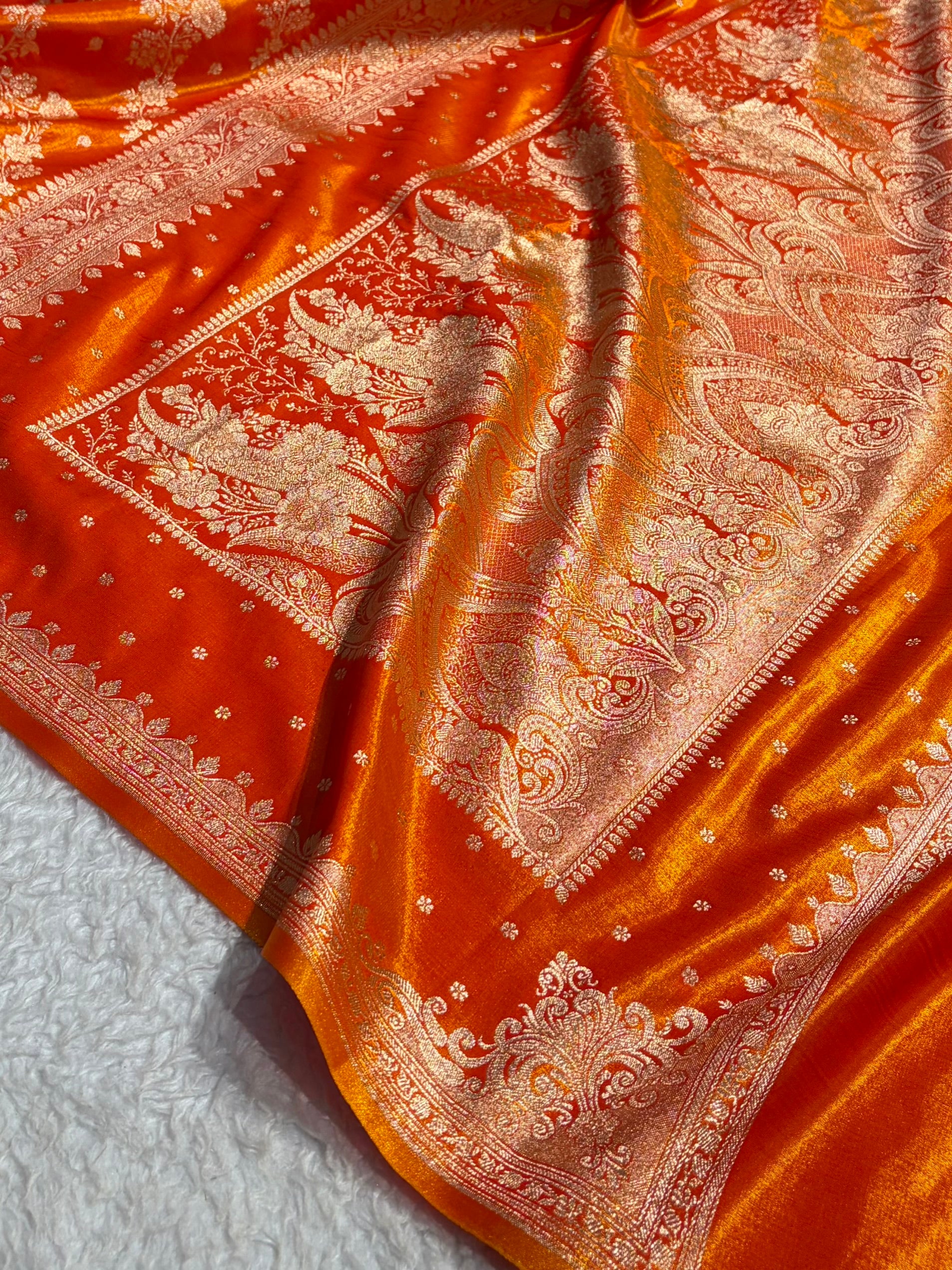 Satin Silk Saree Banarasi Cross with booti In Fire Gold Shades SS22