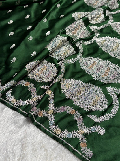 Bottle Green Minakari Scallop Floral Booti Mashru Silk Saree MS46